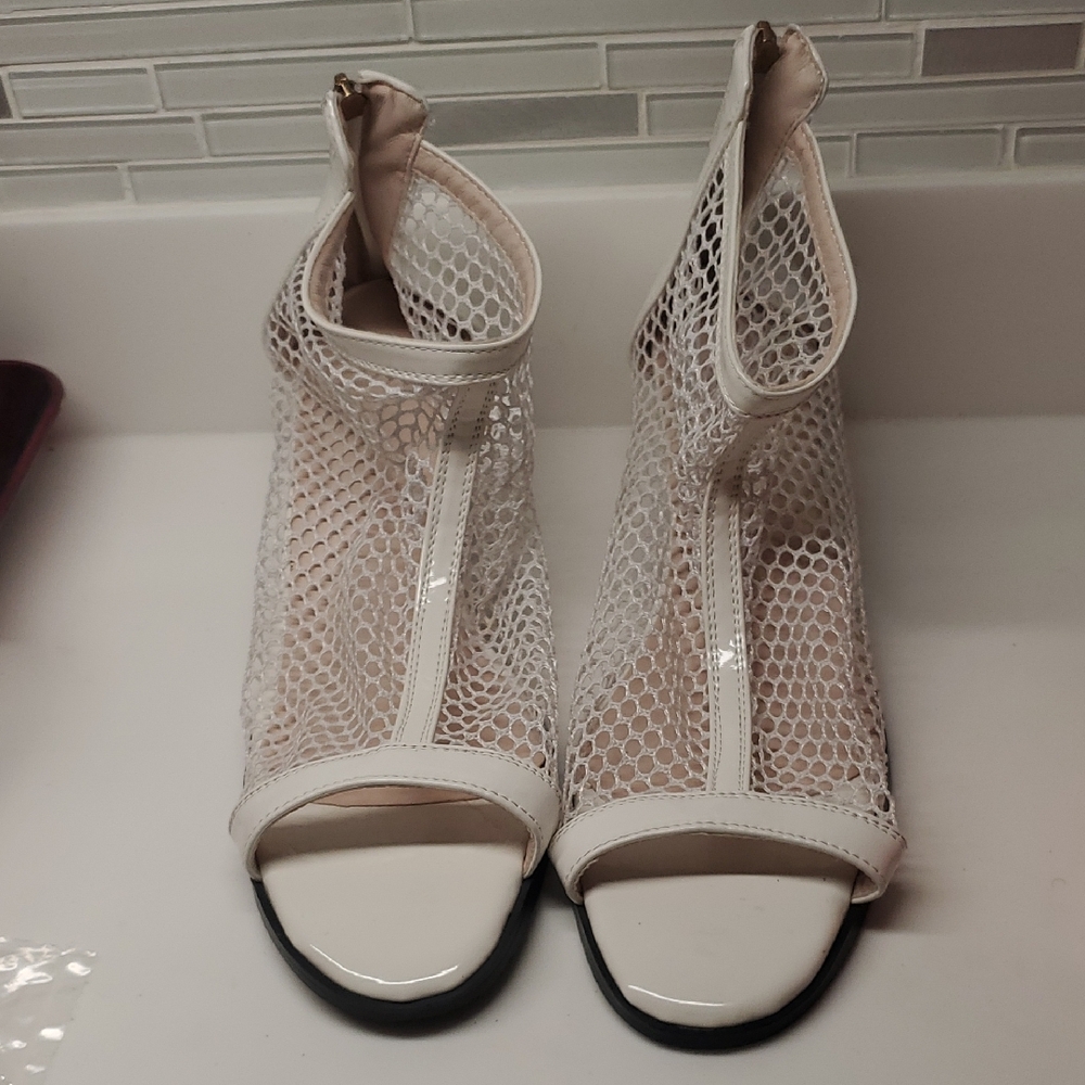 Women White Patent Leather and Mesh Open Toe Booty.  Size 46 or 13.5. Never worn